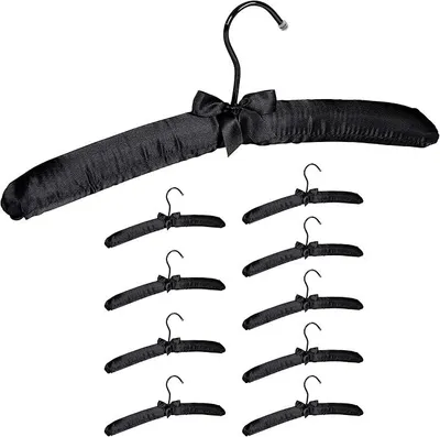 Produktbild von PolkaHome® Kleiderbügel Satin, 10er Set, weich gepolstert, 360° drehbarer Haken, dekorative Schleife, 38 cm, schwarz