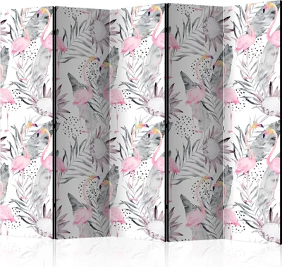 Produktbild von 5-teiliger Einseitiger Vlies Paravent - Flamingos and Twigs II 225x172 cm Tiere g-C-0114-z-c