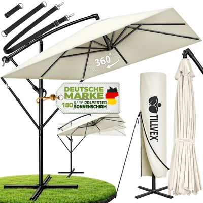 Obrázek produktu pro tillvex® Hliníkový slunečník Obdélníkový Ø 330 cm Béžový + kryt s kličkou | Čtvercový konzolový slunečník se stojanem a větrnou clonou | Zahradní slunečník Hliník s UV ochranou | Slunečník s kličkou Voděodolný otočný o 360°