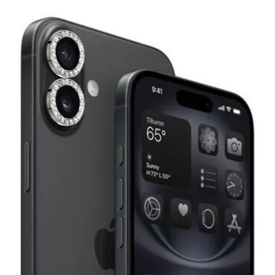 Immagine prodotto di Anelli di protezione della lente per Apple iPhone 16 in nero scintillante protezione della fotocamera