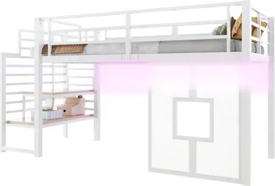 Produktbild von Hochbett mit LED-Streifen, Lattenrost, Rausfallschutz und Fenstern, Treppe mit Regal, 90x200 cm, Einzelbett, Kinderbett, Metall