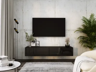 A modern living room with a wall-mounted TV and media console.