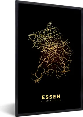 Produktbild von MuchoWow® Gerahmtes Poster Karte - Gold - Essen - Stadtplan - Karte 20x30 cm - Poster mit Schwarzem Bilderrahmen Wandposter Rahmen Foto Bilder - Drucken - Bilder Poster im Rahmen