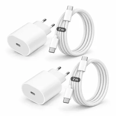 Produktbild von 2x iPhone USB-C Ladegerät 20W Schnellladegerät mit USB-C Kabel – USB-C zu USB-C Ladeset für iPhone 17 16 15 Pro Max Air Plus