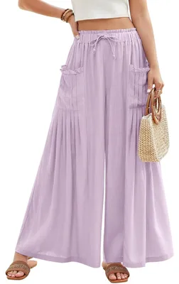 Produktbild von Sommerhosen Damen - Leichte, weit geschnittene Palazzo-Hose - Elastischer Bund - Locker sitzende Leinenhose - Bequeme, lockere Baggy-Hose - Komfortable Freizeit-Hose mit Taschen - Palazzohose
