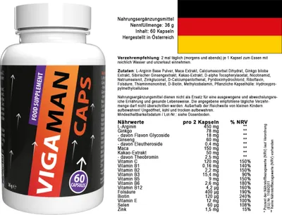 A bottle of VIGAMAN CAPS food supplement with nutritional information and a German flag.