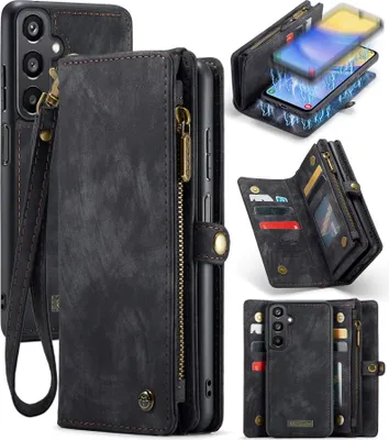 Produktbild von Schutzhülle für Samsung Galaxy A15 5G/4G, Vintage Multifunktions Lederhülle, Kartenfächer, Reißverschluss Hülle Schwarz