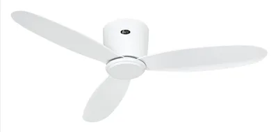 A white ceiling fan with three blades against a white background.
