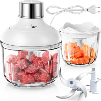 Immagine prodotto di Frullatore/tritatutto da 0,6L + 2L, 2 velocità, tritatutto con 4 lame in acciaio inossidabile e macinino per carne, contenitore in vetro per tritare carne, alimenti per bambini, frutta e verdura, mini tritatutto elettrico – bianco