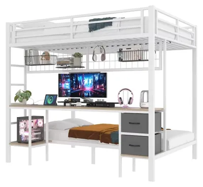 Zdjęcie produktu dla Łóżko piętrowe 140 x 200 cm - metalowa rama - miejsce do przechowywania - biurko - listwa LED z portem USB - bez materaca - białe