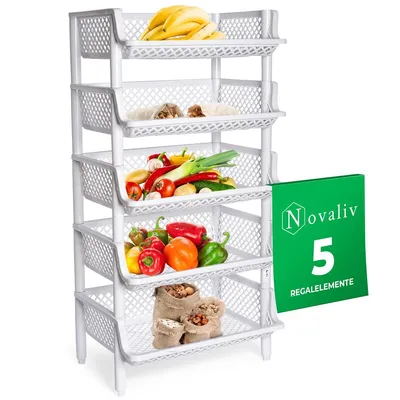 Produktbild von Novaliv 5 Stück Korbregal Weiß Steckregal Stapelbar & Erweiterbar, Regale für Vorratsraum, Lebensmittelregal, Obstregal Keller Aufbewahrungssystem, Vorratskammer Ordnungssystem, Getränkeregal