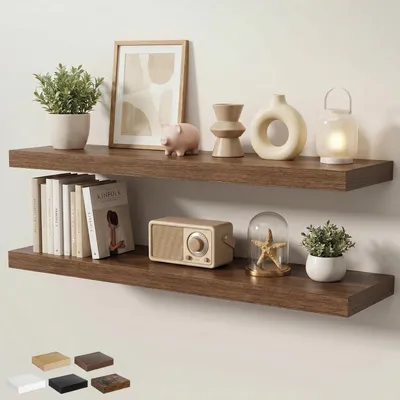 Image de Étagère murale flottante, lot de 2, 120 cm, aspect noyer, avec supports invisibles