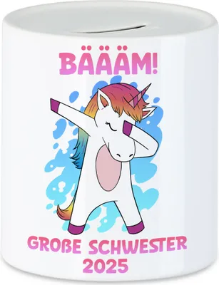 Produktbild von Bäääm Große Schwester 2025 Spardose Einhorn Schwangerschaft Ankündigung Babyparty Babyshower Geschwister