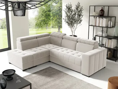 Productafbeelding van Eckbank, slaapbank, bank, model CESENA, bekleding: stof, kleur: beige, met ottomaan aan de linkerkant
