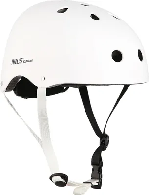 A white helmet with straps on a white background.