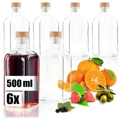 Immagine prodotto di Set di 6 bottiglie di vetro da 500 ml con tappo in sughero, ideali per liquidi