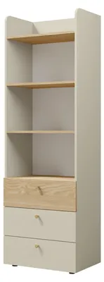 Produktbild von Yuki Hochregal schmal 60 cm mit 3 Schubladen und offenen Fächern – Graubeige / Eiche geölt