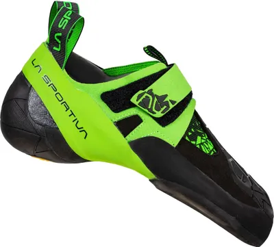 Kletterschuh "Skwama Vegan" von La Sportiva in Schwarz und Neongrün; mit Klettverschluss und rutschfester Sohle.
