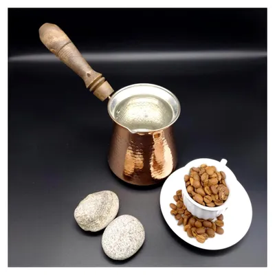 Produktbild von Türkische Kaffeekanne, 5 Größen, für griechisch-arabischen Kaffee, handgefertigt, graviertes Kupfer, mit Holzgriff, für 2–8 Tassen
