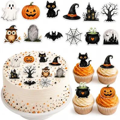 Immagine prodotto di Decorazioni per torte a tema Halloween - Set da 48 pezzi - Commestibili