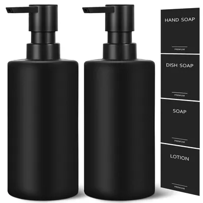 Image de Distributeur de savon pour les mains, 300 ml, distributeur de savon noir pour la salle de bains, lot de 2 distributeurs de liquide vaisselle, distributeur de savon pour les mains rechargeable, flacon avec étiquettes imperméables, distributeur à pompe en verre