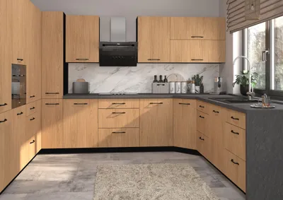Produktbild von U-Form Küchenzeile CASELLA Einbauküche Holzoptik Farbe & Ausführung wählbar Blum Metabox Teilauszug Casella Eiche Natur schwarz