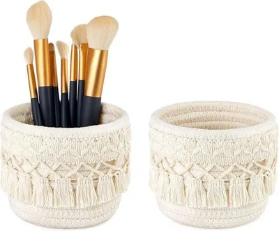 Zdjęcie produktu dla Zestaw 2 koszyków do przechowywania pędzli kosmetycznych w stylu makramé – idealne do dekoracji w stylu boho