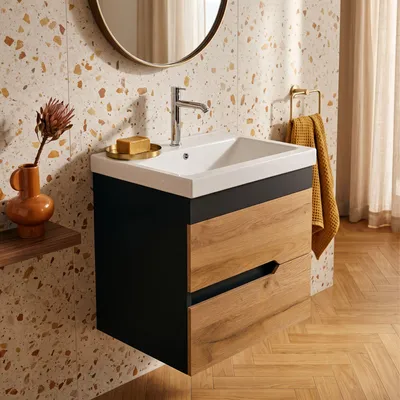 Produktbild von Waschtisch mit Unterschrank 60 Eiche/Anthrazit Waschbeckenunterschrank & Keramik