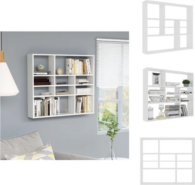 A white wall shelf filled with books and decorative items, mounted on a light gray wall next to a window with blinds.