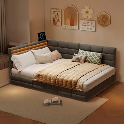 Zdjęcie produktu dla Łóżko tapicerowane ProximaX 140 x 190 cm, kolor szary, z oświetleniem LED RGB i gniazdem USB/Type-C, sofa w kształcie litery L, łóżko podwójne z 2 szufladami do przechowywania, tkanina lniana