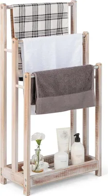 Produktbild von GOPLUS Handtuchhalter aus Holz, Handtuchständer freistehend mit 3 Handtuchstangen & Ablagefach, Duschtuchhalter für Badezimmer, Hotels (Weiß)