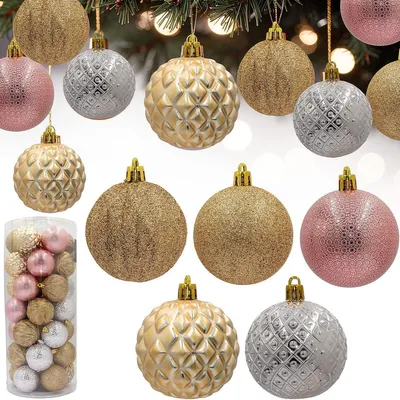 Image de Boules de Noël décoratives en plastique 6 cm - lot de 35, or & rose