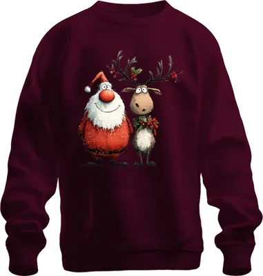 Immagine prodotto di Divertente Babbo Natale e Renna Cartoon Regalo di Natale Unisex Felpa Pullover, Borgogna, 3XL