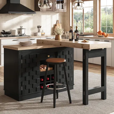 Immagine prodotto di Isola da cucina MODFU con piano girevole a 360°, scaffale per vino e ampio spazio di stoccaggio – Tavolo da pranzo estendibile con cassetto e design in legno moderno, colore nero