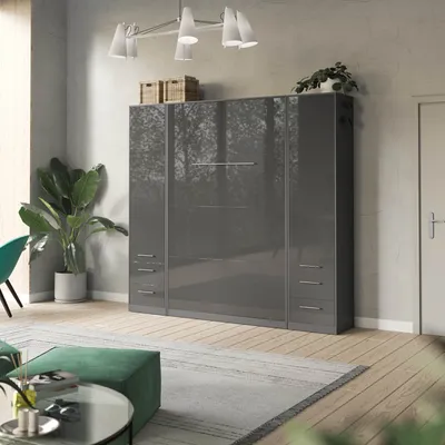 Produktbild von SMARTBett Wohnwand Set mit Schrankbett Standard 140x200 Vertikal + 2 x 50-Schränke Anthrazit/Anthrazit Hochglanz