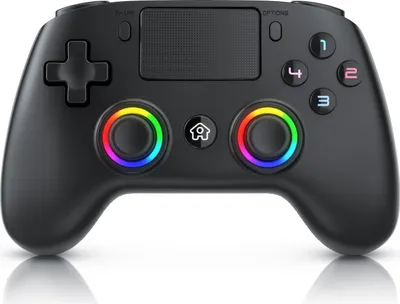 A black wireless game controller with colorful LED rings around the analog sticks, shown from a front-facing perspective on a white background.