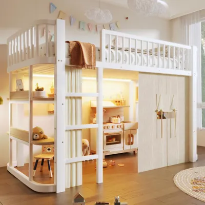 Produktbild von Hochbett Kinderbett mit Verdunkelungsvorhängen,individuell anpassbare untere Ebene, LED-Beleuchtung, Matratze nicht enthalten, Weiß, 90 x 200 cm
