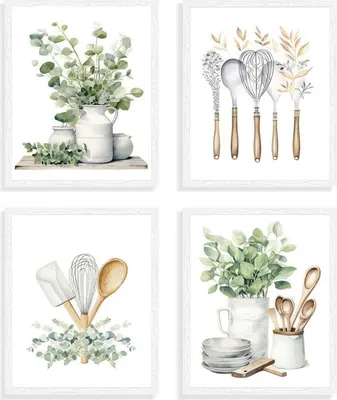 Image de Cuisine botanique Tableau mural Sauge Verte Eucalyptus Toile Poster 20x25 cm Lot de 4