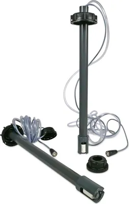 Two gray cylindrical devices with clear tubing and black connectors, presented on a white background.