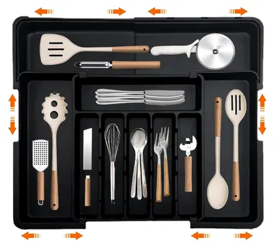 Produktbild von Erweiterbarer Besteckkasten für Schubladen, Schubladen Organizer, Besteckkasten für Schubladen, Verstellbarer Schubladeneinsatz Besteckeinsatz, Küchen Organizer, für Löffel/Gabeln (Schwarz)