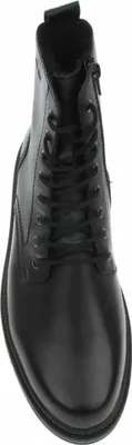 A black leather boot shown from a top-down perspective against a white background.