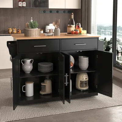 Immagine prodotto di Isola da cucina con piano ribaltabile, dimensioni 120x46(70)x91 cm, colore nero, con ruote e gambe in legno, 4 ante e 2 cassetti