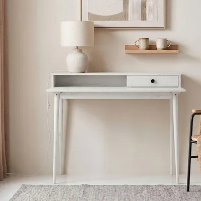 Produktbild von Schreibtisch MALINA mit Aufsatz & Schublade aus Kiefer Massivholz, weiß - Bürotisch mit Stauraum & konischen Beinen, Stabiler PC-Tisch aus robusten Materialien