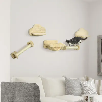 Produktbild von Katzentreppe Wandmontage 5-teilig, Kletterwand Katzen Sisal Plüsch, Hängematte, Beige | 40 x 34 cm | 7 kg | Spanplatte