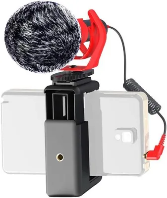 Produktbild von DigiPower universelles Mikrofon mit Fellwindschutz, Richtmikrofon mit Handhalterung, Schwinghalterung, TRS- & TRRS-Kabeladapter für Kameras und Handys