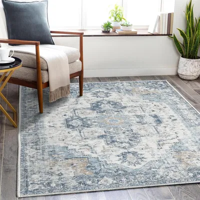 Productafbeelding van Wasbaar vloerkleed, bloemenprint, blauw, vintage stijl, korte pool, 150x210 cm