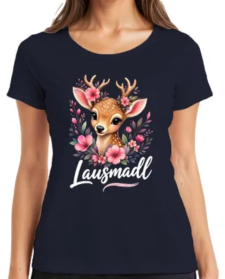 Productafbeelding van Schattig hertenvarken, bloemen, bosdieren, meisjes, cadeau, lederen broek, dirndl, dames T-shirt, marineblauw, maat M