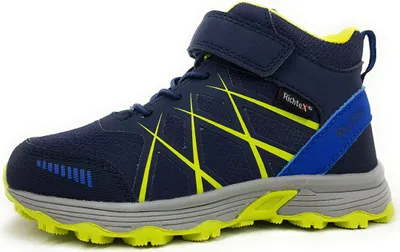 A single navy and yellow child's hiking boot is shown against a white background.