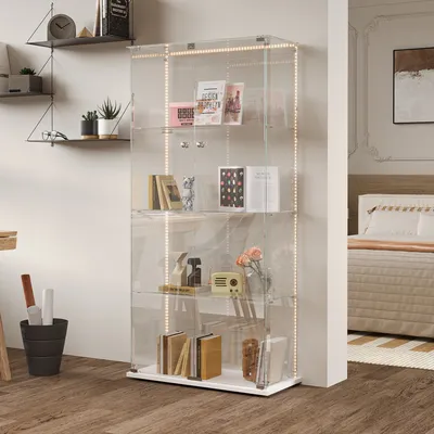 Immagine prodotto di Vetrina in vetro, 4 ripiani, mobile contenitore in vetro su base, vetrina a LED, doppia anta, vetrina per camera da letto e soggiorno, 78,5 x 35 x 163 cm, bianco