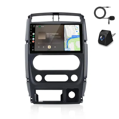 Immagine prodotto di Autoradio con telecamera e microfono, compatibile con Suzuki Jimny dal 2005 al 2019. Include CarPlay, Android Auto, sistema multimediale per auto, navigatore GPS, Wi-Fi, Bluetooth, DAB+, RDS, controllo al volante (SWC), display da 9 pollici e memoria 2+64GB
